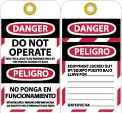 NMC - 3" High x 6" Long, DANGER - DO NOT OPERATE - EQUIPMENT TAG-OUT, English & Spanish Safety & Facility Lockout Tag - Tag Header: Danger, 2 Sides, Black, Red & White Unrippable Vinyl - Benchmark Tooling