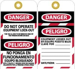 NMC - DANGER - DO NOT OPERATE - EQUIPMENT LOCK-OUT - THIS TAG & LOCK TO BE REMOVED ONLY BY THE PERSON SHOWN ON BACK, English Safety & Facility Lockout Tag - Tag Header: Danger, 2 Sides, Black, Red & White Unrippable Vinyl - Benchmark Tooling
