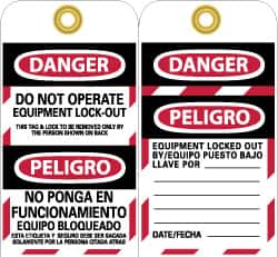 NMC - 3" High x 6" Long, DANGER - DO NOT OPERATE - EQUIPMENT LOCK-OUT - THIS TAG & LOCK TO BE REMOVED ONLY BY THE PERSON SHOWN ON BACK, English & Spanish Safety & Facility Lockout Tag - Tag Header: Danger, 2 Sides, Black, Red & White Unrippable Vinyl - Benchmark Tooling