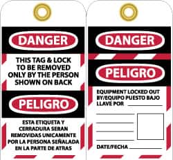 NMC - 3" High x 6" Long, DANGER - THIS TAG & LOCK TO BE REMOVED ONLY BY THE PERSON SHOWN ON BACK, English & Spanish Safety & Facility Lockout Tag - Tag Header: Danger, 2 Sides, Black, Red & White Unrippable Vinyl - Benchmark Tooling