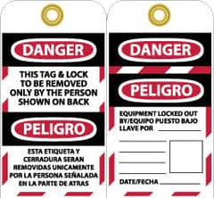NMC - 3" High x 6" Long, DANGER - THIS TAG & LOCK TO BE REMOVED ONLY BY THE PERSON SHOWN ON BACK, English & Spanish Safety & Facility Lockout Tag - Tag Header: Danger, 2 Sides, Black, Red & White Unrippable Vinyl - Benchmark Tooling