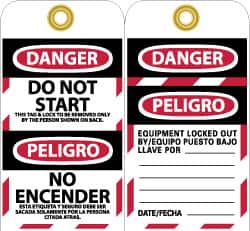 NMC - 3" High x 6" Long, DANGER - DO NOT START - THIS TAG & LOCK TO BE REMOVED ONLY BY THE PERSON SHOWN ON BACK, English & Spanish Safety & Facility Lockout Tag - Tag Header: Danger, 2 Sides, Black, Red & White Unrippable Vinyl - Benchmark Tooling