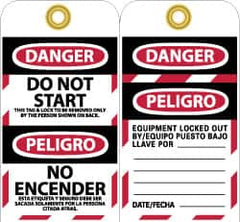 NMC - 3" High x 6" Long, DANGER - DO NOT START - THIS TAG & LOCK TO BE REMOVED ONLY BY THE PERSON SHOWN ON BACK, English & Spanish Safety & Facility Lockout Tag - Tag Header: Danger, 2 Sides, Black, Red & White Unrippable Vinyl - Benchmark Tooling