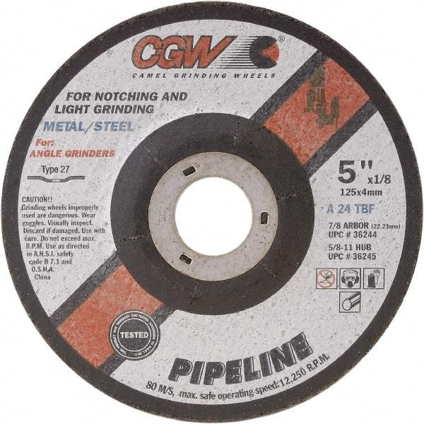 Camel Grinding Wheels - 24 Grit, 6" Wheel Diam, 1/8" Wheel Thickness, Type 27 Depressed Center Wheel - Coarse Grade, Aluminum Oxide, Resinoid Bond, 10,200 Max RPM - Benchmark Tooling