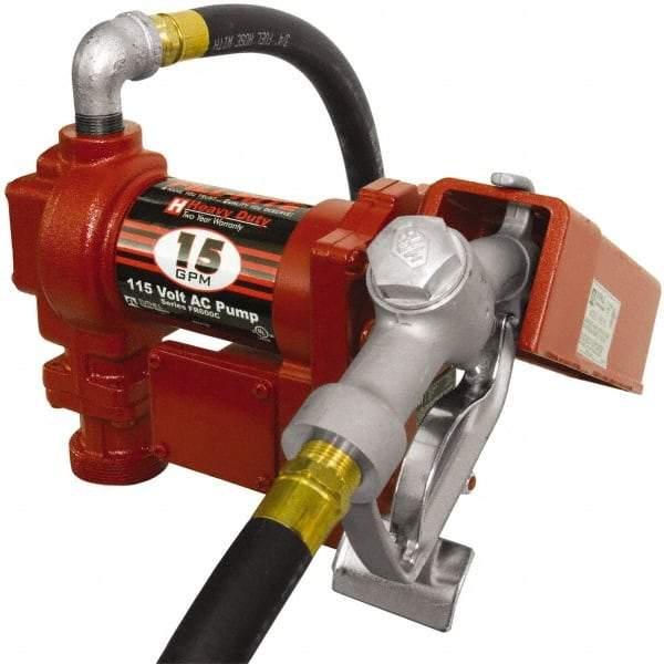 Tuthill - 15 GPM, 3/4" Hose Diam, AC Tank Pump with Manual Nozzle - 1" Inlet, 3/4" Outlet, 115 Volts, 12' Hose Length, 1/4 hp - Benchmark Tooling