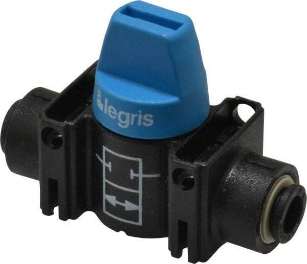 Legris - 6mm Pipe, Standard Port, Composite Miniature Ball Valve - 1 Piece, Inline - Two Way Flow, Push-to-Connect x Push-to-Connect Ends, Short Handle, 150 WOG - Benchmark Tooling