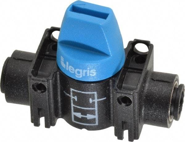 Legris - 1/4" Pipe, Standard Port, Composite Miniature Ball Valve - 1 Piece, Inline - Two Way Flow, Push-to-Connect x Push-to-Connect Ends, Short Handle, 150 WOG - Benchmark Tooling