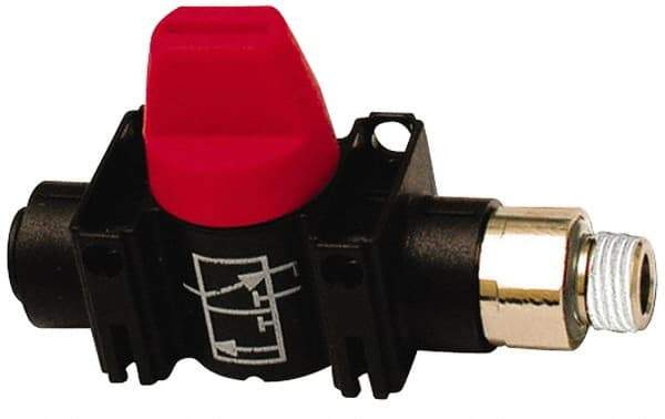 Legris - 5/32" Pipe, Standard Port, Composite Miniature Ball Valve - 1 Piece, Inline - Two Way Flow, MNPT x Push-to-Connect Ends, Short Handle, 150 WOG - Benchmark Tooling