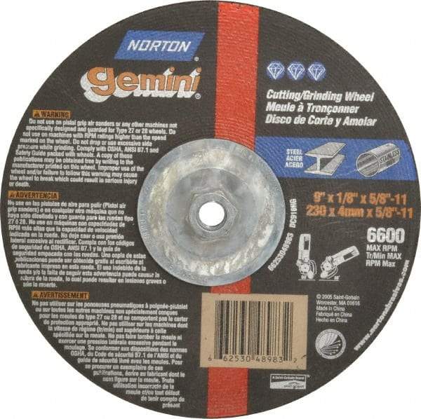 Norton - 24 Grit, 9" Wheel Diam, 1/8" Wheel Thickness, Type 27 Depressed Center Wheel - Aluminum Oxide, 6,600 Max RPM, Compatible with Angle Grinder - Benchmark Tooling