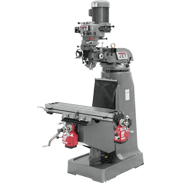 Jet - 9" Table Width x 42" Table Length, Step Pulley Control, 3 Phase Knee Milling Machine - R8 Spindle Taper, 2 hp - Benchmark Tooling