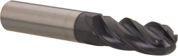 Accupro - 3/8" Diam, 1" LOC, 4 Flute Solid Carbide Ball End Mill - AlTiN Finish, Single End, 2-1/2" OAL, 3/8" Shank Diam, Spiral Flute - Benchmark Tooling