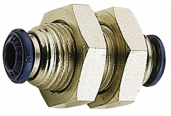 Alpha Technologies - 1/2" Outside Diam, Nickel Plated Brass Push-to-Connect Tube Bulkhead Union - 250 Max psi, Tube to Tube Connection, Buna O-Ring - Benchmark Tooling