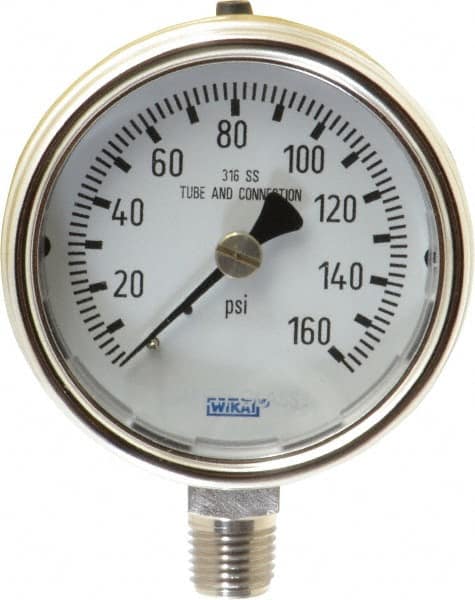 Wika - 2-1/2" Dial, 1/4 Thread, 0-160 Scale Range, Pressure Gauge - Lower Connection Mount, Accurate to 2-1-2% of Scale - Benchmark Tooling