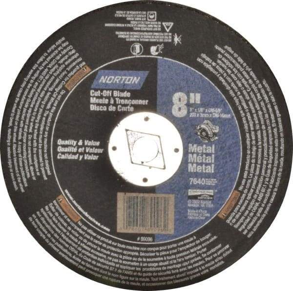 Norton - 8" 24 Grit Aluminum Oxide Cutoff Wheel - 1/8" Thick, 5/8" Arbor, 7,640 Max RPM, Use with Circular Saws - Benchmark Tooling