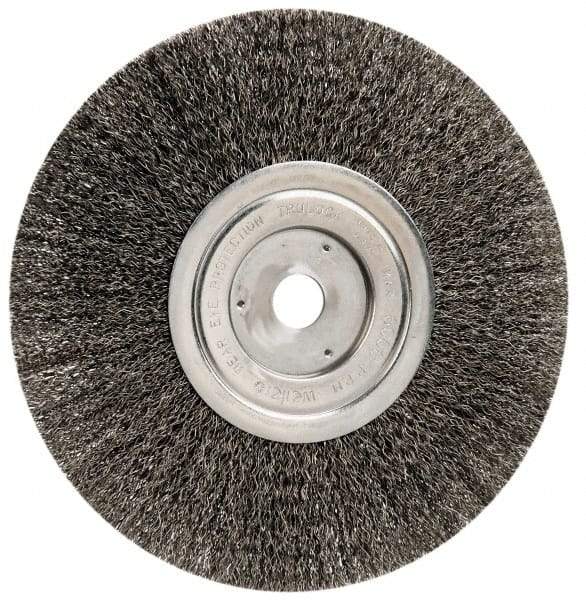 Weiler - 8" OD, 3/4" Arbor Hole, Crimped Steel Wheel Brush - 1/2" Face Width, 2-1/16" Trim Length, 0.014" Filament Diam, 6,000 RPM - Benchmark Tooling