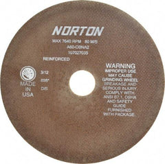 Norton - 8" 60 Grit Aluminum Oxide Cutoff Wheel - 0.035" Thick, 1-1/4" Arbor, 7,640 Max RPM, Use with Stationary Grinders - Benchmark Tooling