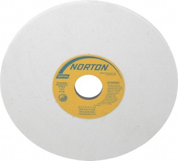 Norton - 8" Diam x 1-1/4" Hole x 1/4" Thick, K Hardness, 120 Grit Surface Grinding Wheel - Aluminum Oxide, Type 1, Fine Grade, 3,600 Max RPM, Vitrified Bond, No Recess - Benchmark Tooling