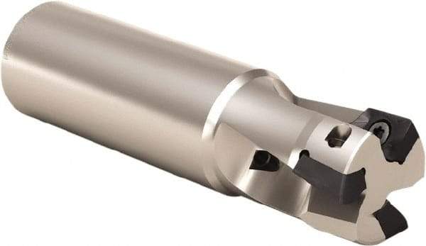 Seco - 16mm Cut Diam, 9mm Max Depth of Cut, 16mm Shank Diam, 78mm OAL, Indexable Square Shoulder End Mill - XOMX 10T3 Inserts, Weldon Shank, 90° Lead Angle, Through Coolant, Series Turbo 10 - Benchmark Tooling