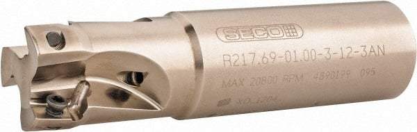 Seco - 1" Cut Diam, 0.433" Max Depth of Cut, 1" Shank Diam, 4" OAL, Indexable Square Shoulder End Mill - XO.X 1204.. Inserts, Weldon Shank, 90° Lead Angle, Through Coolant, Series Super Turbo - Benchmark Tooling