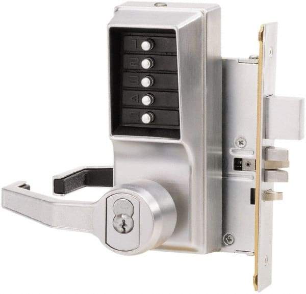 Kaba Access - Combination Entry Lever Lockset with Key Override - 2-3/4" Back Set, No Cylinder, Zamak3, Satin Chrome Finish - Benchmark Tooling