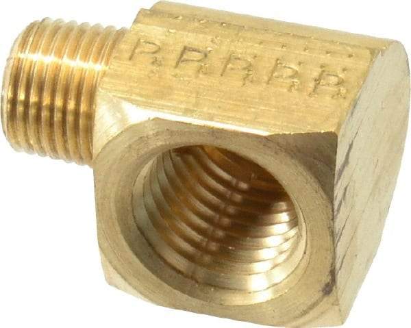Parker - 1/8 Male Thread x 1/4 Female Thread, Brass Industrial Pipe 90° Street Elbow - MNPTF x FNPTF, 1,000 psi - Benchmark Tooling