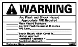NMC - Accident Prevention Label, Header: WARNING - Legend: Warning - Arc Flash and Shock Hazard - Appropriate PPE Required, English, Black & Orange, 5" Long x 3" High, Sign Muscle Finish - Benchmark Tooling
