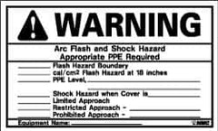 NMC - Accident Prevention Label, Header: WARNING - Legend: Warning - Arc Flash and Shock Hazard - Appropriate PPE Required, English, Black & Orange, 5" Long x 3" High, Sign Muscle Finish - Benchmark Tooling