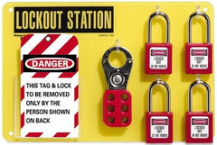 NMC - Equipped Acrylic Tag and Padlock / Hasp Station - 12 Inch Wide x 8 Inch High, Black on Yellow - Benchmark Tooling