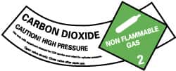 NMC - Hazardous Materials Label - Legend: Carbon Dioxide - Caution! - High Pressure - Non Flammable - Gas 2, English, Green, Black & White, 5-1/4" Long x 2" High, Sign Muscle Finish - Benchmark Tooling