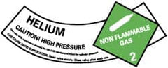 NMC - Hazardous Materials Label - Legend: Helium - Caution! High Pressure - Non Flammable Gas - 2, English, Green, Black & White, 5-1/4" Long x 2" High, Sign Muscle Finish - Benchmark Tooling