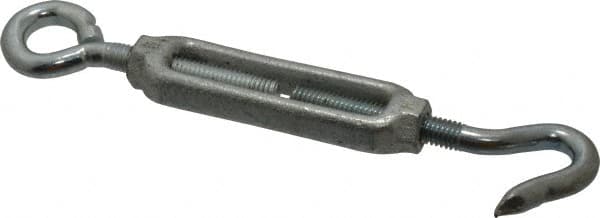 Made in USA - 144 (Eye) & 174 (Hook) Lb Load Limit, 3/8" Thread Diam, 2-7/8" Take Up, Malleable Iron Hook & Eye Turnbuckle - 3-7/8" Body Length, 1/4" Neck Length, 7-1/2" Closed Length - Benchmark Tooling