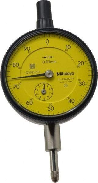 Mitutoyo - 10mm Range, 0-100 Dial Reading, 0.01mm Graduation Dial Drop Indicator - 2-3/16" Dial, 1mm Range per Revolution, 0.013mm Accuracy, Revolution Counter - Benchmark Tooling