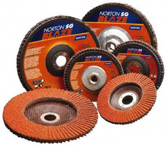 Norton - 60 Grit, 7" Disc Diam, 5/8-11 Center Hole, Type 27 Ceramic Flap Disc - Plastic Backing, Arbor Attaching System, Coated - Benchmark Tooling