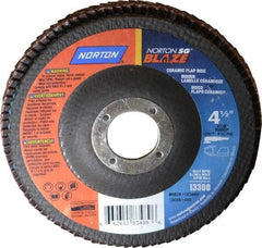 Norton - 80 Grit, 4-1/2" Disc Diam, 7/8" Center Hole, Type 29 Ceramic Flap Disc - 13,000 Max RPM, Fiberglass Backing, Arbor Attaching System, Coated - Benchmark Tooling