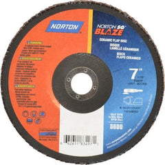 Norton - 80 Grit, 7" Disc Diam, 7/8" Center Hole, Type 29 Ceramic Flap Disc - 8,500 Max RPM, Fiberglass Backing, Arbor Attaching System, Coated - Benchmark Tooling