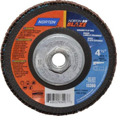 Norton - 80 Grit, 4-1/2" Disc Diam, 5/8-11 Center Hole, Type 29 Ceramic Flap Disc - 13,000 Max RPM, Fiberglass Backing, Arbor Attaching System, Coated - Benchmark Tooling