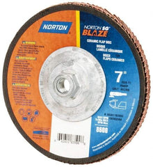 Norton - 60 Grit, 7" Disc Diam, 5/8-11 Center Hole, Type 29 Ceramic Flap Disc - 8,500 Max RPM, Fiberglass Backing, Arbor Attaching System, Coated - Benchmark Tooling