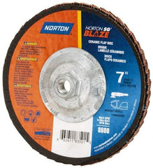 Norton - 80 Grit, 7" Disc Diam, 5/8-11 Center Hole, Type 29 Ceramic Flap Disc - 8,500 Max RPM, Fiberglass Backing, Arbor Attaching System, Coated - Benchmark Tooling