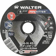 WALTER Surface Technologies - 36 Grit, 4-1/2" Wheel Diam, 3/32" Wheel Thickness, 7/8" Arbor Hole, Type 27 Depressed Center Wheel - Aluminum Oxide/Silicon Carbide Blend, Resinoid Bond, 13,300 Max RPM - Benchmark Tooling