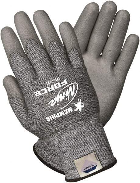 MCR Safety - Size S (7), ANSI Cut Lvl 3, Polyurethane Coated Dyneema Cut Resistant Gloves - 9" Long, Palm Coated, Knit Wrist, Gray, Paired - Benchmark Tooling