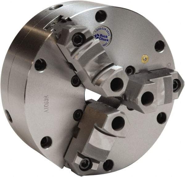 Buck Chuck Company - 3 Jaws, 6" Diam, Self Centering Manual Lathe Chuck - Plain Back Mount Spindle, Adjustable, Reversible, 3,000 Max RPM, 1-11/16" Through Hole Diam, Cast Iron - Benchmark Tooling