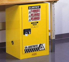 Justrite - 1 Door, 1 Shelf, Yellow Steel Space Saver Safety Cabinet for Flammable and Combustible Liquids - 35" High x 23-1/4" Wide x 18" Deep, Self Closing Door, 12 Gal Capacity - Benchmark Tooling