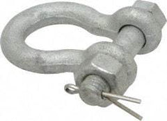 Made in USA - 3/8" Nominal Chain Size, 1 Ton Carbon Steel Bolt Anchor Shackle - 3/8" Diam, 7/16" Pin Diam, 1-7/16" High Inside Jaw, 1-1/8" Inside Width, 1-1/4" Max Body Thickness - Benchmark Tooling