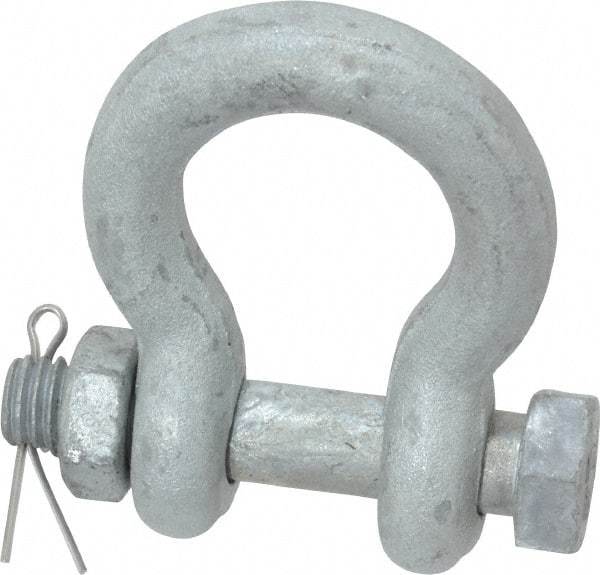 Made in USA - 7/16" Nominal Chain Size, 1.5 Ton Carbon Steel Bolt Anchor Shackle - 7/16" Diam, 1/2" Pin Diam, 1-11/16" High Inside Jaw, 1-1/4" Inside Width, 1-1/4" Max Body Thickness - Benchmark Tooling