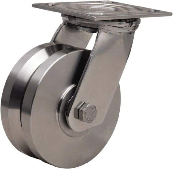 Hamilton - 5" Diam x 2" Wide, Stainless Steel Swivel Caster - 800 Lb Capacity, Top Plate Mount, 3-3/4" x 4-1/2" Plate, Delrin Bearing - Benchmark Tooling