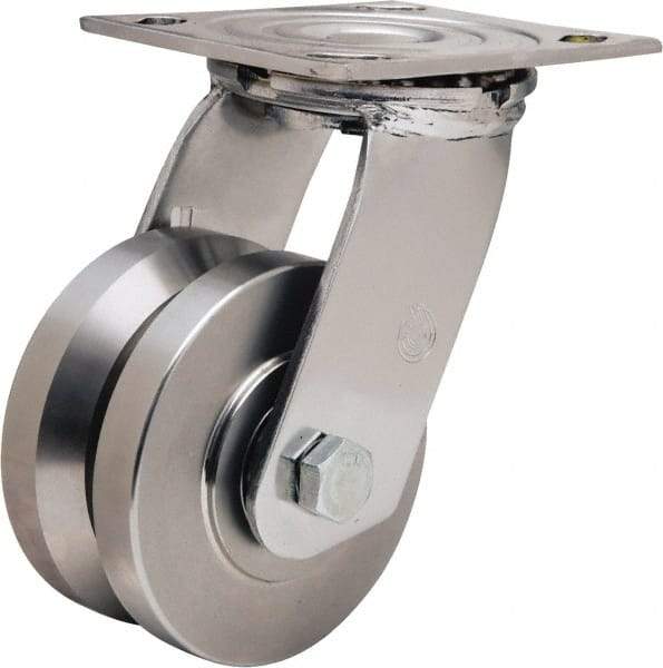 Hamilton - 4" Diam x 2" Wide, Stainless Steel Swivel Caster - 850 Lb Capacity, Top Plate Mount, 3-3/4" x 4-1/2" Plate, Delrin Bearing - Benchmark Tooling