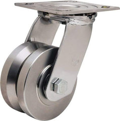 Hamilton - 4" Diam x 2" Wide, Stainless Steel Swivel Caster - 850 Lb Capacity, Top Plate Mount, 3-3/4" x 4-1/2" Plate, Delrin Bearing - Benchmark Tooling
