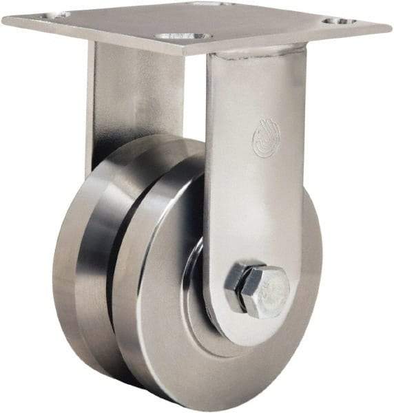 Hamilton - 4" Diam x 2" Wide, Stainless Steel Rigid Caster - 850 Lb Capacity, Top Plate Mount, 3-3/4" x 4-1/2" Plate, Delrin Bearing - Benchmark Tooling