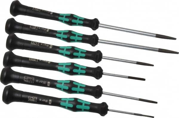 Wera - 6 Piece Slotted Screwdriver Set - Blade Sizes: Width Metric 1.5, 2, 2.5, 3, 3.5 & 4, Metric Length mm: 1.5mm x 40mm, 2mm x 40mm, 2.5mm x 50mm, 3mm x 50mm, 3.5mm x 80mm & 4mm x 80mm - Benchmark Tooling