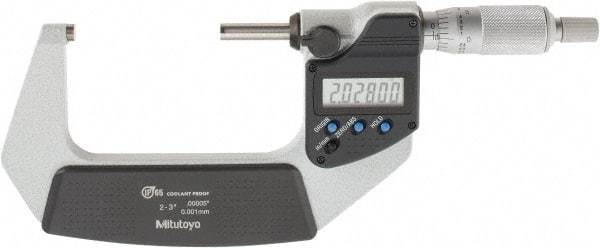 Mitutoyo - 2 to 3 Inch Range, 0.0001 Inch Resolution, Standard Throat, IP65 Electronic Outside Micrometer - 0.0001 Inch Accuracy, Ratchet Stop Thimble, Carbide Face, SR44 Battery, Includes Plastic Case - Benchmark Tooling